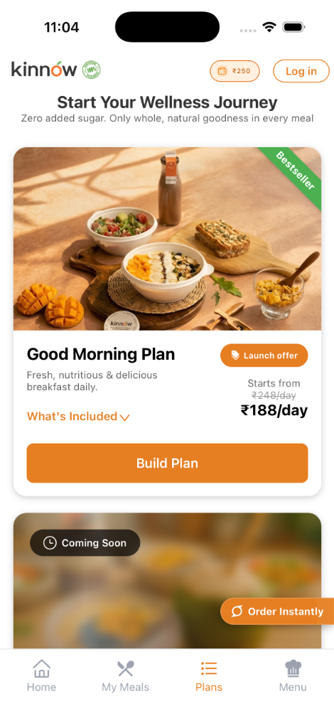 Kinnow app screen showing Good Morning Plan selection and Build Plan button