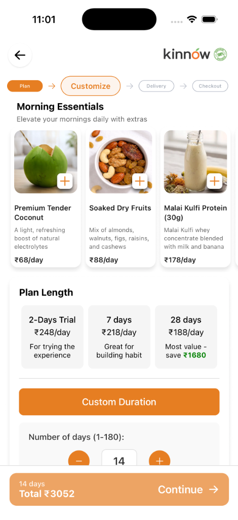 Kinnow app screen showing plan length slider and morning essential add-ons
