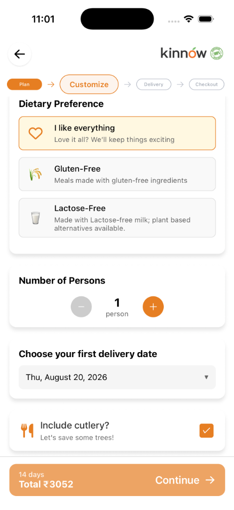 Kinnow app screen showing dietary preferences and start date selection