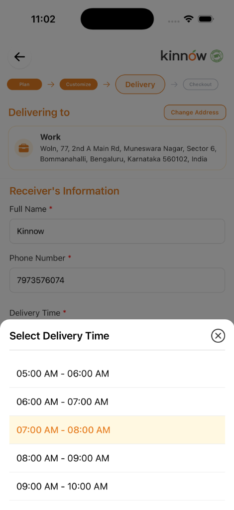 Kinnow app screen showing delivery address and morning time slot picker