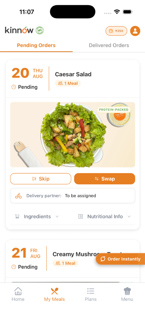Kinnow app screen showing Apple Almond Oats with full macro breakdown and skip swap options