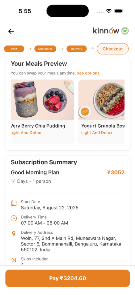 Kinnow app screen showing meal preview and swap options before checkout