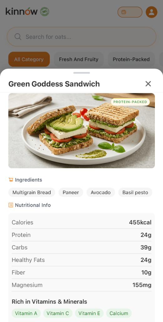 Kinnow app showing Green Goddess Sandwich meal details