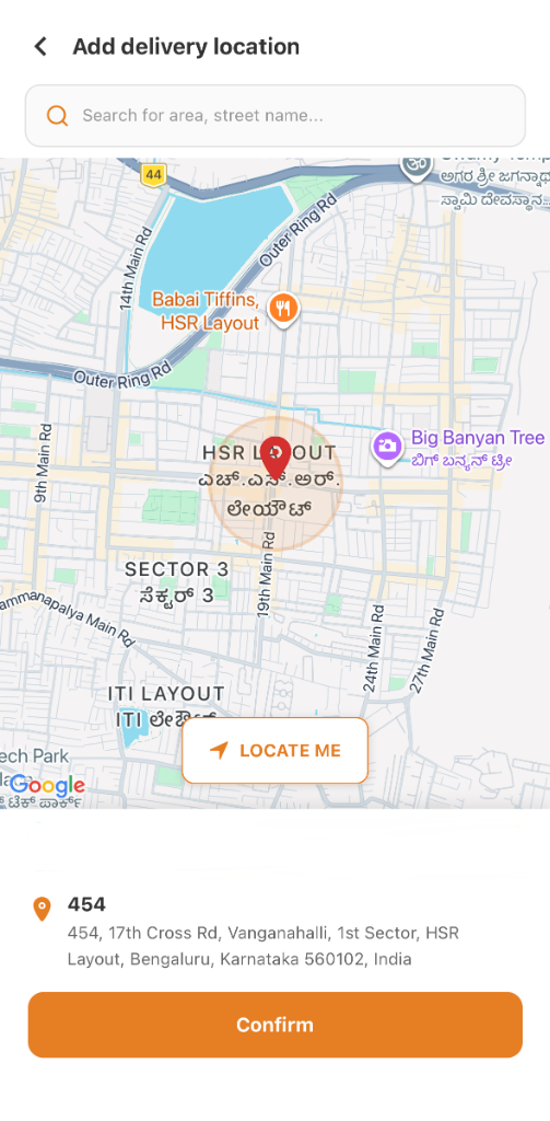Kinnow HSR Layout delivery area in the app