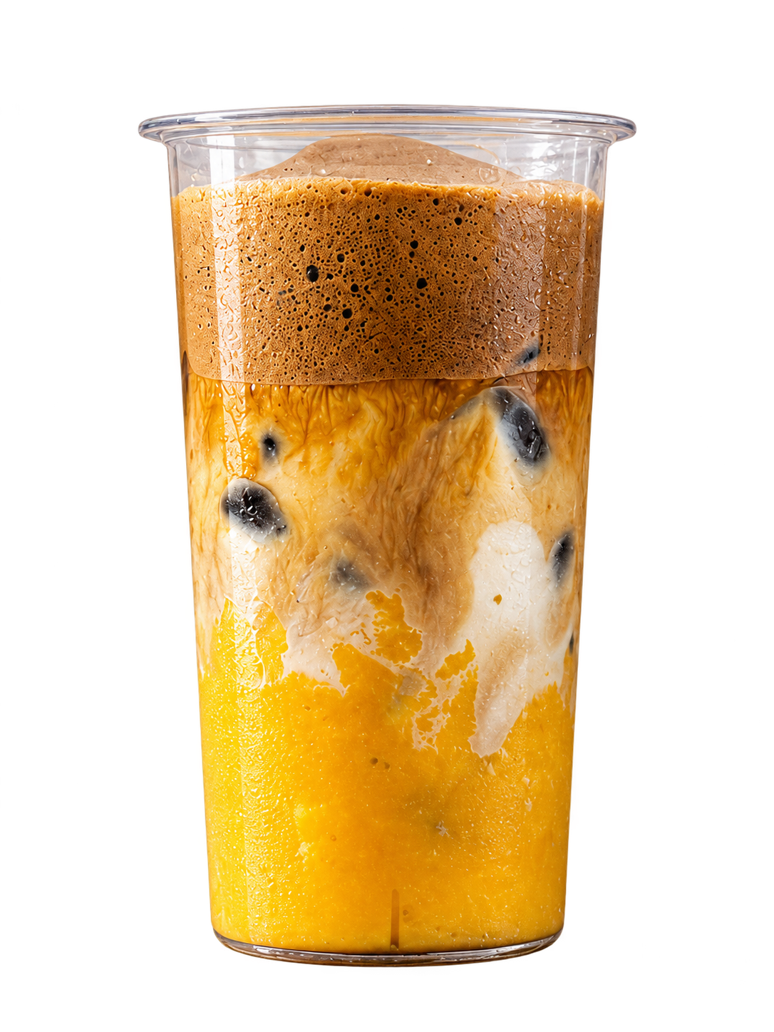 Kinnow Mango Iced Latte with mango, milk and coffee foam
